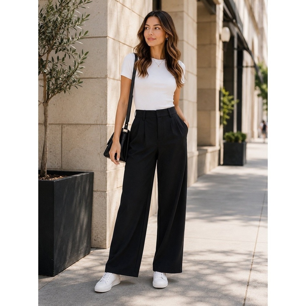 BYLT Premium Basics Black Wide Leg High Rise Pants Women's L Stretch‎ Career